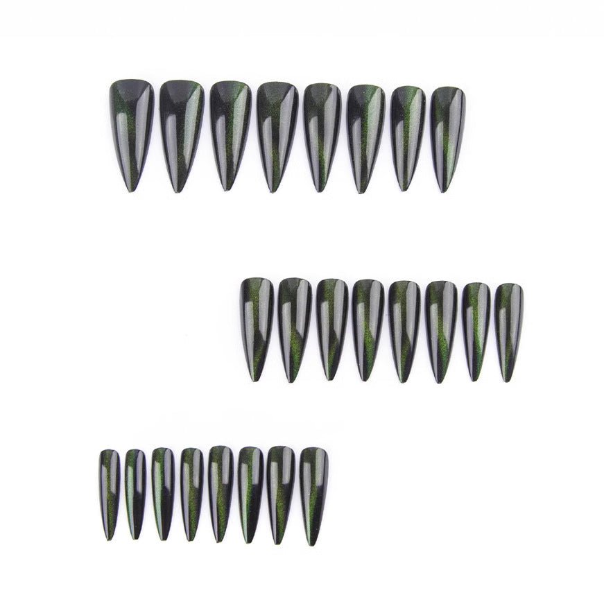 Enchanting Elegance Sharp Stiletto Long Black Green Shimmer Press On Nail Set