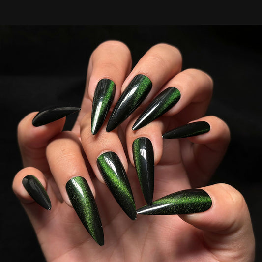 Gothic Enchantment Long Stiletto Almond Shaped Black and Green Glitter Press On Nail Set