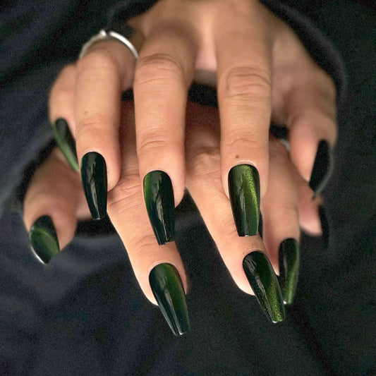 Mystical Forest Long Square Press on Nails Glossy Dark Green with Iridescent Finish