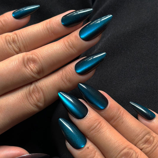 Mystical Ocean Elegance Long Almond-Shaped Teal Press On Nail Set with Iridescent Finish