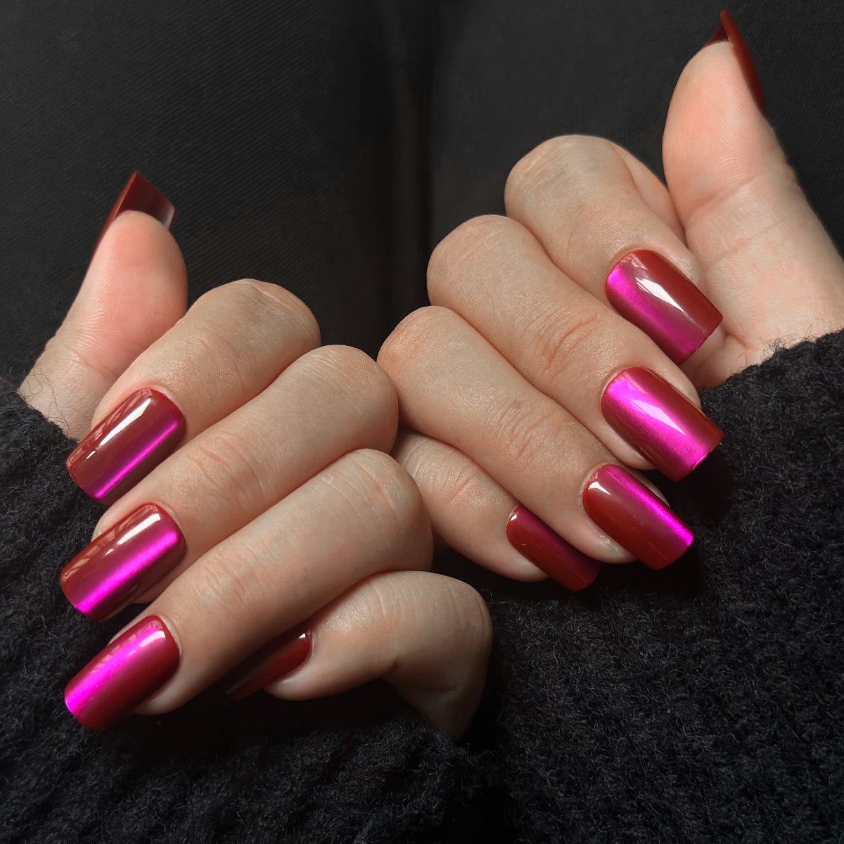 Glamorous Evening Sunset Medium Square Burgundy and Fuchsia Ombre Press On Nail Set with High Shine Finish