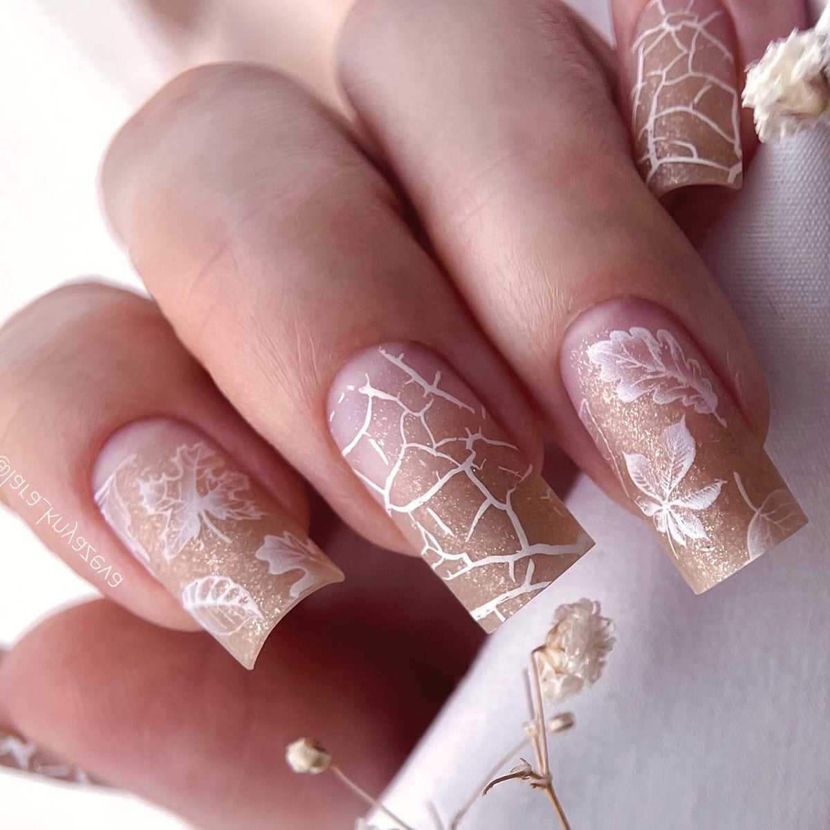 Autumn Whisper Medium Square Champagne Gradient Press On Nail Set with Delicate Leaf Imprints