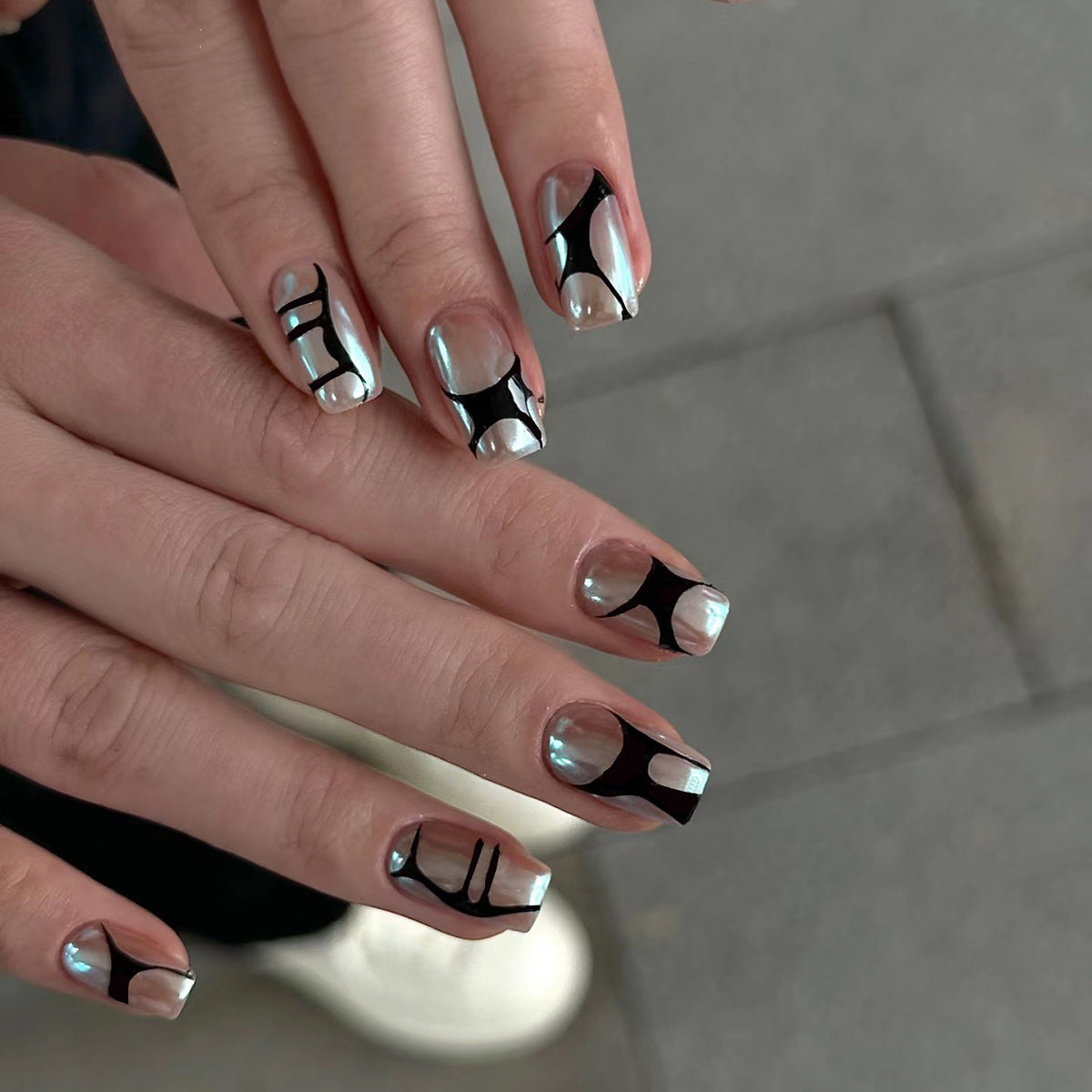 Artistic Elegance Medium Square Transparent Black and Iridescent Design Press on Nail Set