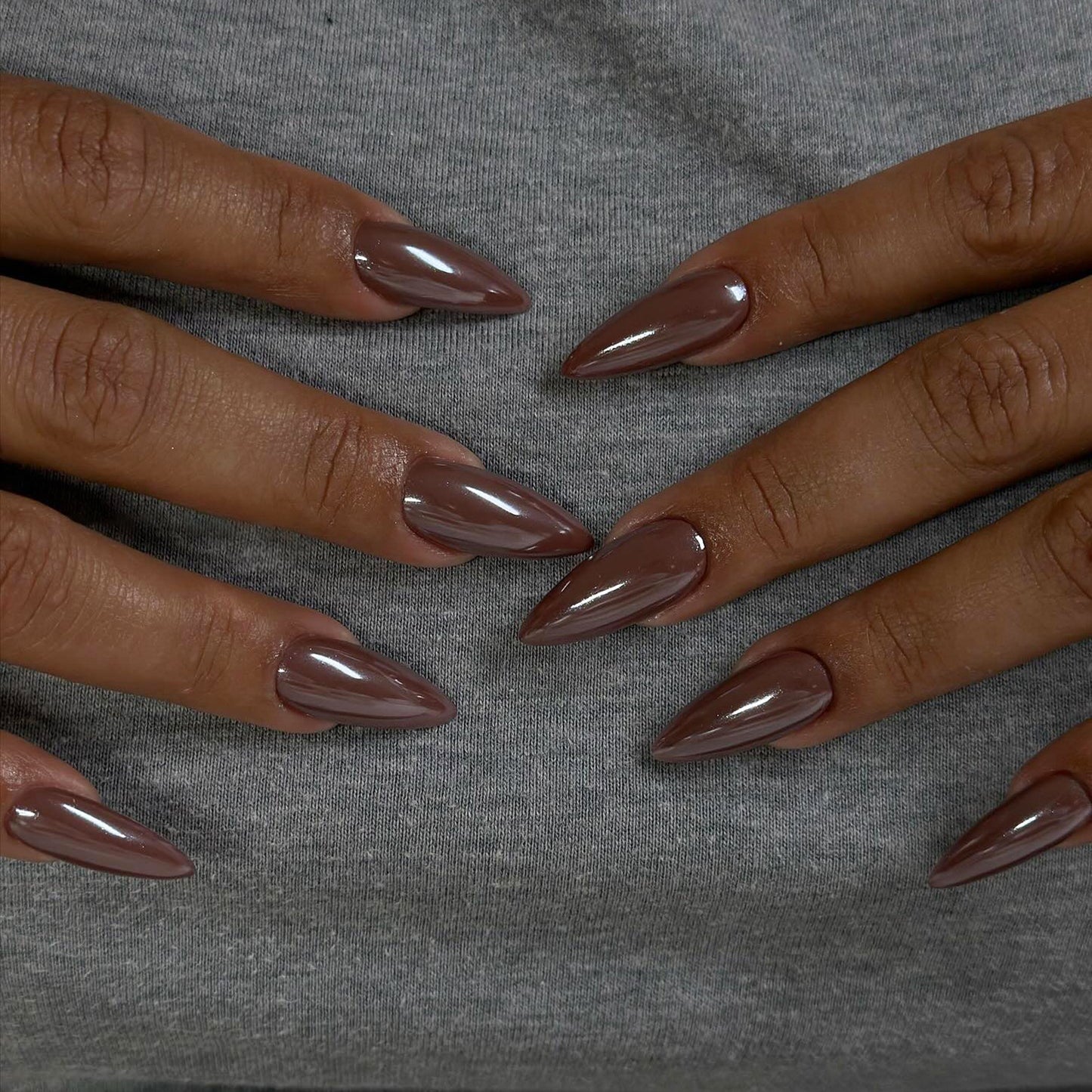 Chic Elegance Long Almond Shimmering Brown Glossy Press on Nail Set