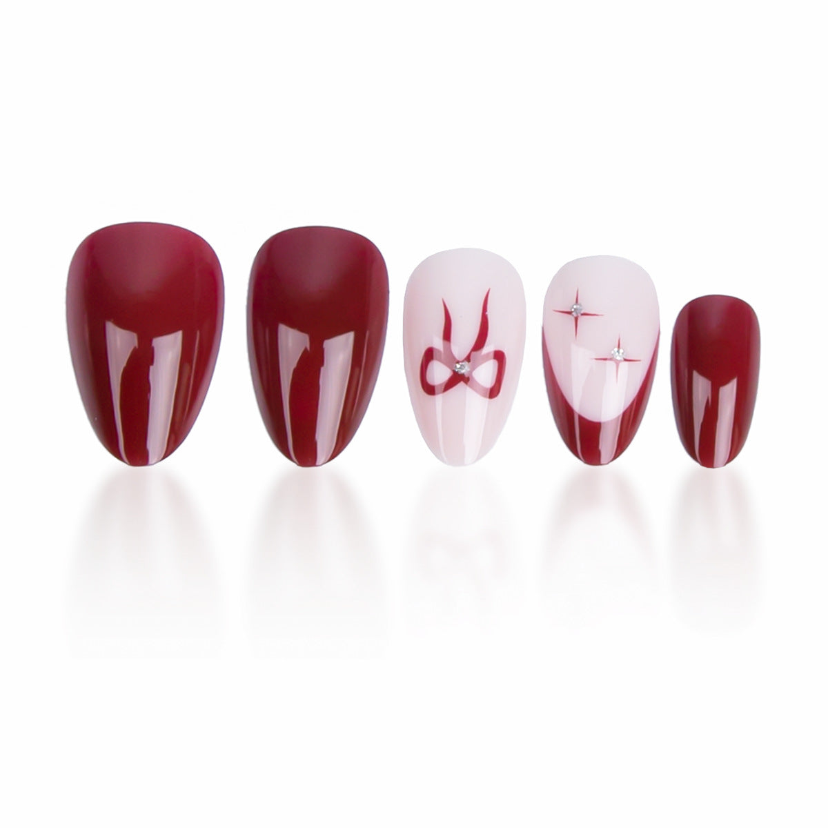 Elegant Glamour Medium Almond Burgundy with Artistic Designs and Eye-Catching Accents Press On Nail Set