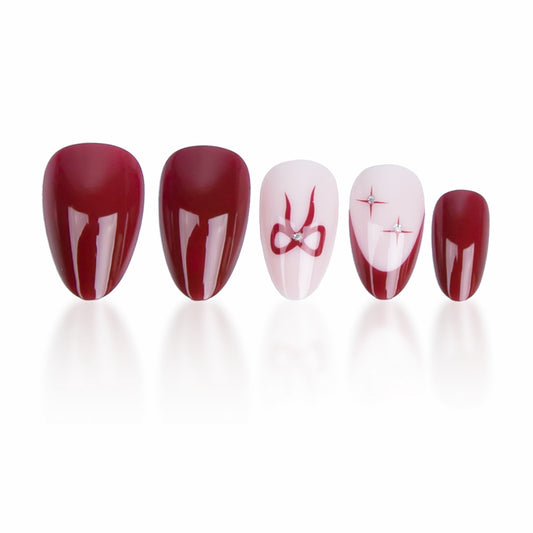 Elegant Glamour Medium Almond Burgundy with Artistic Designs and Eye-Catching Accents Press On Nail Set
