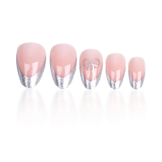 Chic Glamour Medium Almond Pink with Silver Glitter Tips and Bow Design Press On Nail Set
