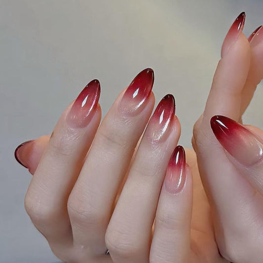 Enchanted Twilight Long Oval Ombre Red Nail Set with Glossy Finish