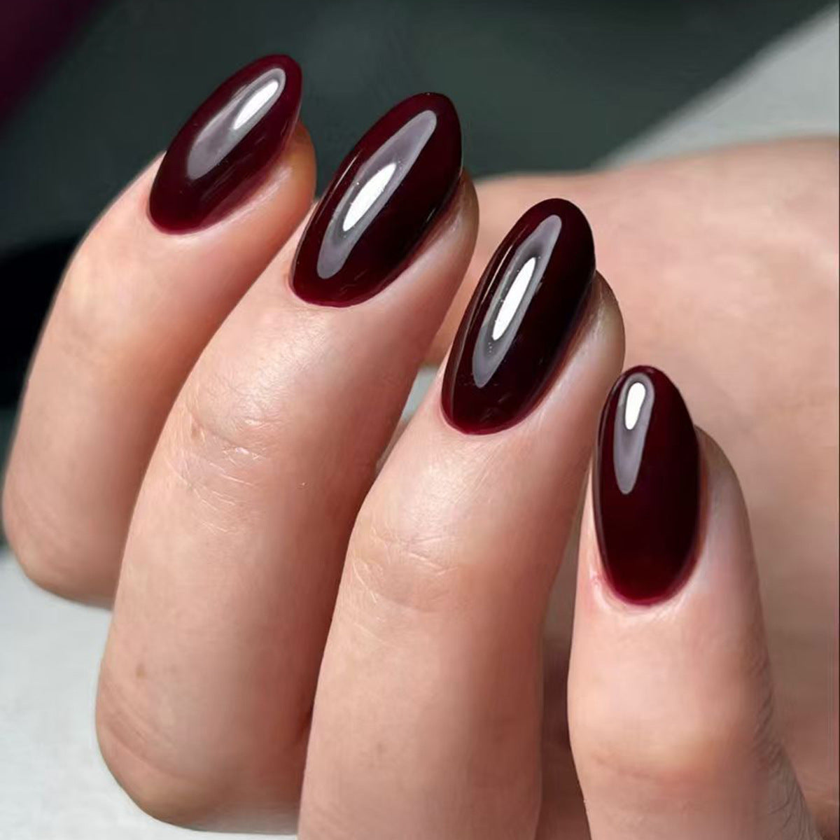 Gothic Elegance Medium Oval Deep Burgundy Glossy Press On Nail Set