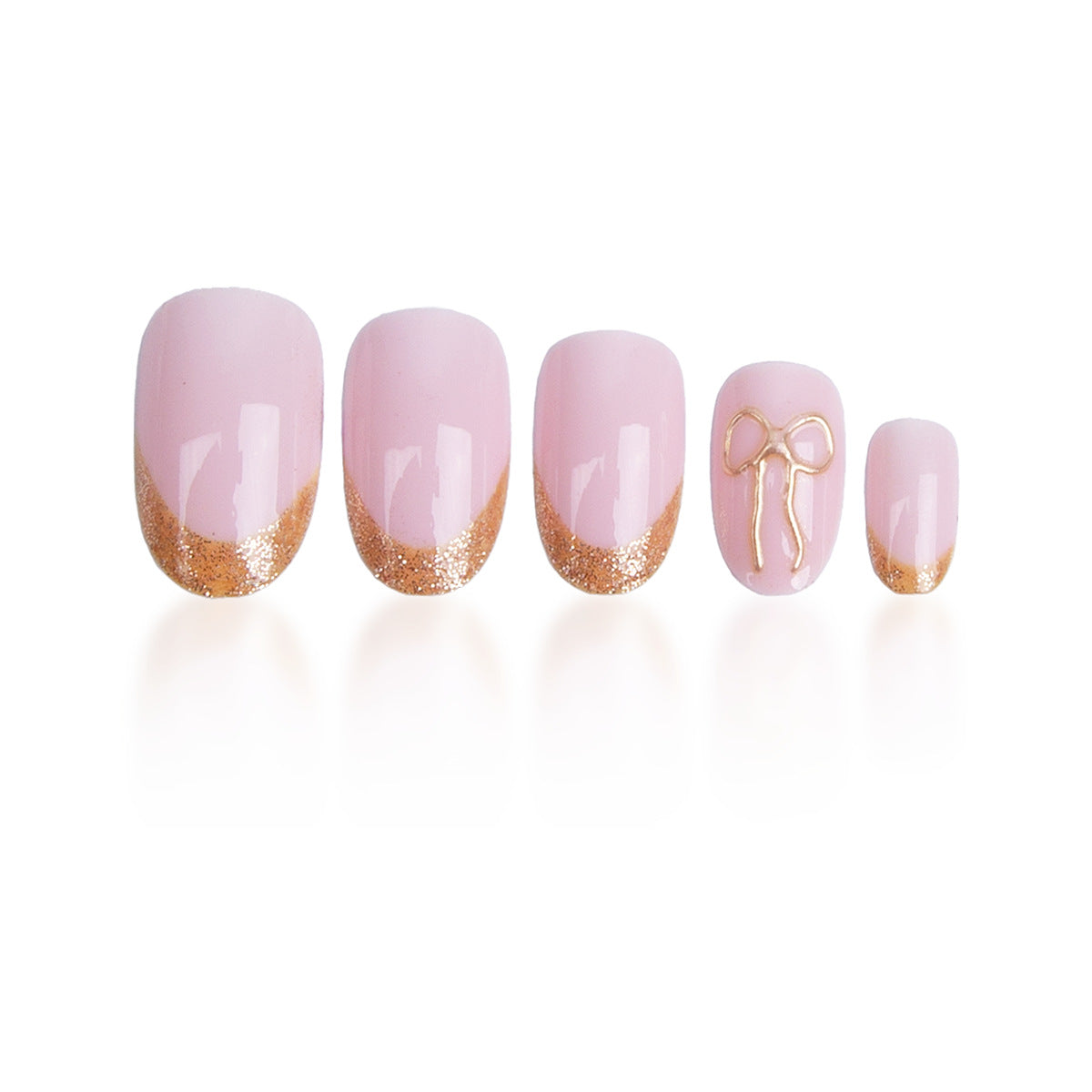 Charming Elegance Short Oval Pink Nails with Gold Glitter Tips and Bow Accent