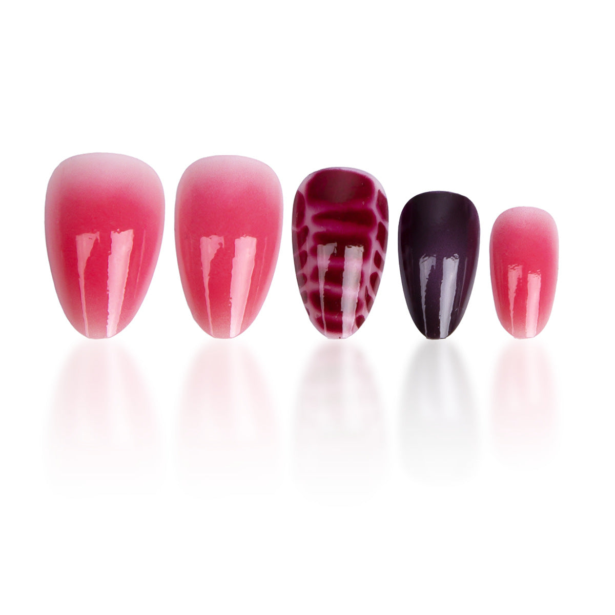 Glamorous Garden Dream Medium Almond Pink and Purple Gradient Nail Set with Unique Textured Design