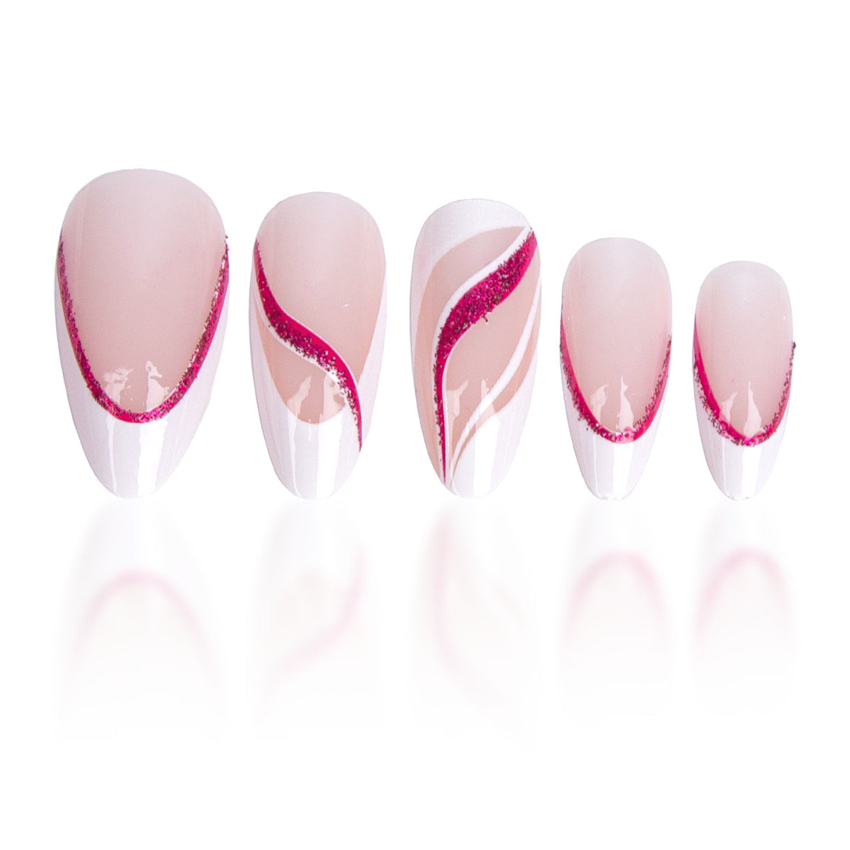 Glamorous Elegance Long Almond Pink with Glitter Wave Press on Nail Set