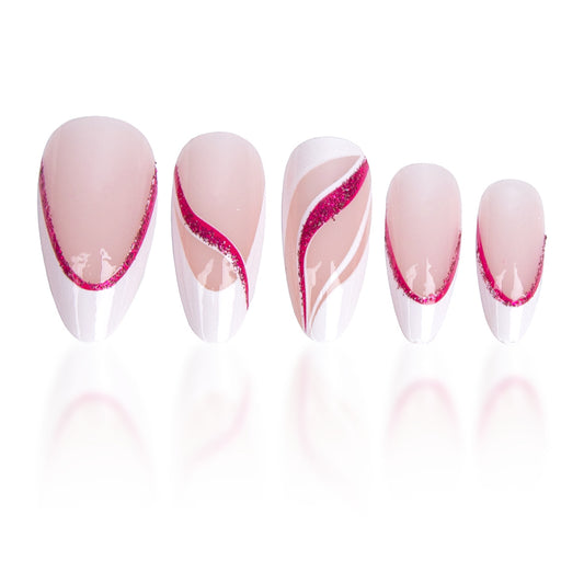 Glamorous Elegance Long Almond Pink with Glitter Wave Press on Nail Set