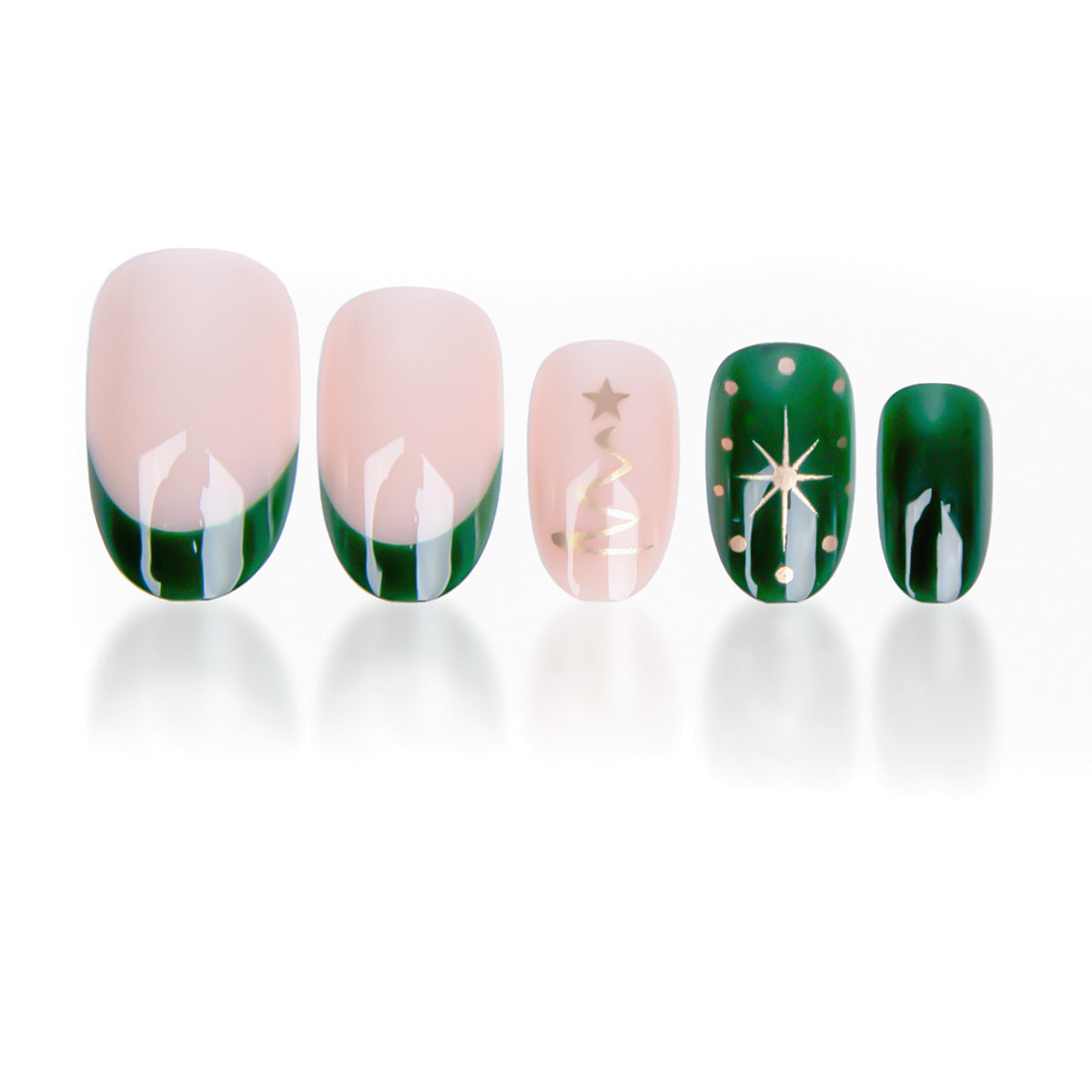 Festive Elegance Medium Oval Green and Beige with Starry Designs Press on Nail Set