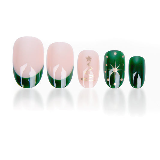 Festive Elegance Medium Oval Green and Beige with Starry Designs Press on Nail Set