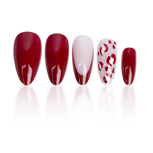 Glamorous Enchantment Long Almond Red and White Leopard Print Press-On Nail Set