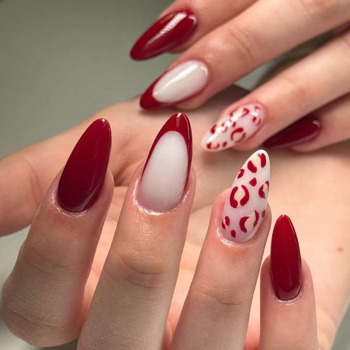 Wild Red Elegance Long Almond Shaped Glossy Deep Red with Chic Leopard Accents Press-On Nail Set