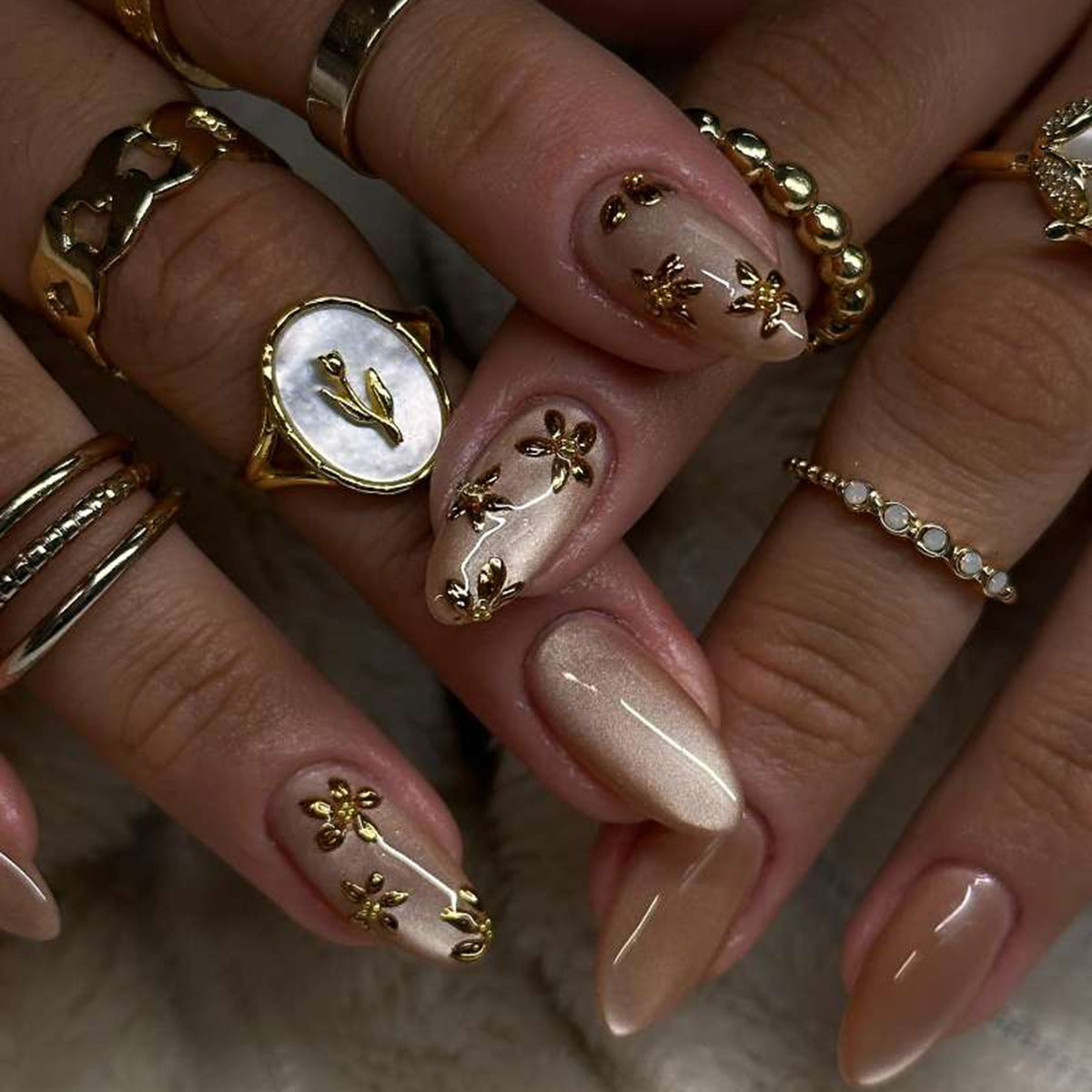 Chic Floral Fantasy Long Almond Beige Press-On Nail Set with Stunning Golden Detailing