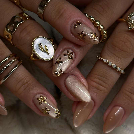 Chic Floral Fantasy Long Almond Beige Press-On Nail Set with Stunning Golden Detailing