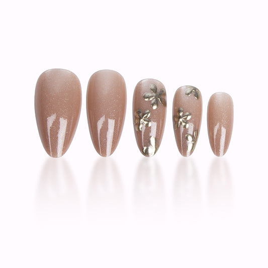 Enchanted Garden Elegant Long Almond Beige Glitter Floral Press-On Nail Set