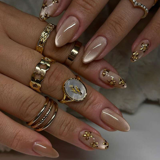 Elegant Garden Fantasy Long Almond Beige Press On Nail Set with Floral Accents