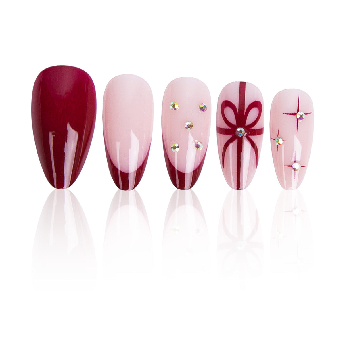 Elegant Romance Long Almond Burgundy and Blush with Sparkling Gem Accents Nail Set