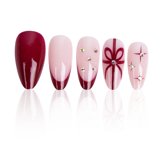 Elegant Romance Long Almond Burgundy and Blush with Sparkling Gem Accents Nail Set