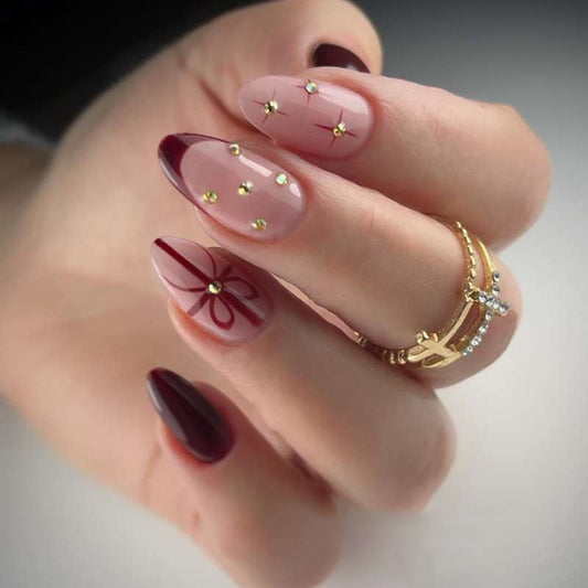 Elegant Garden Dream Long Almond Burgundy and Blush Press On Nail Set with Rhinestone Accents