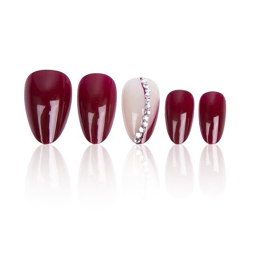 Elegant Charm Long Almond Burgundy Glossy Press On Nail Set with Unique Rhinestone Accent