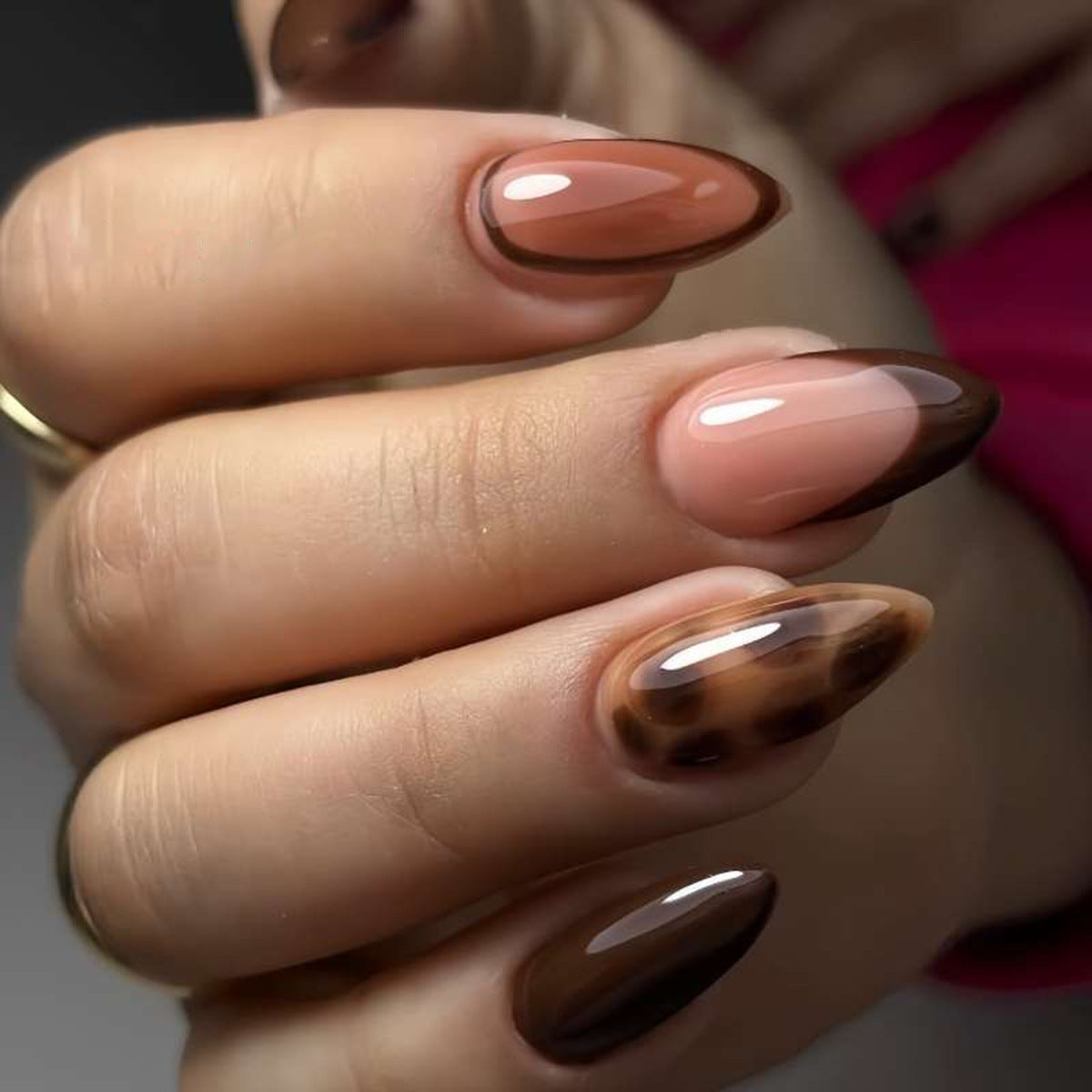 Elegant Autumn Vibes Long Almond Ombre Brown with Unique Animal Print Accent Press On Nail Set