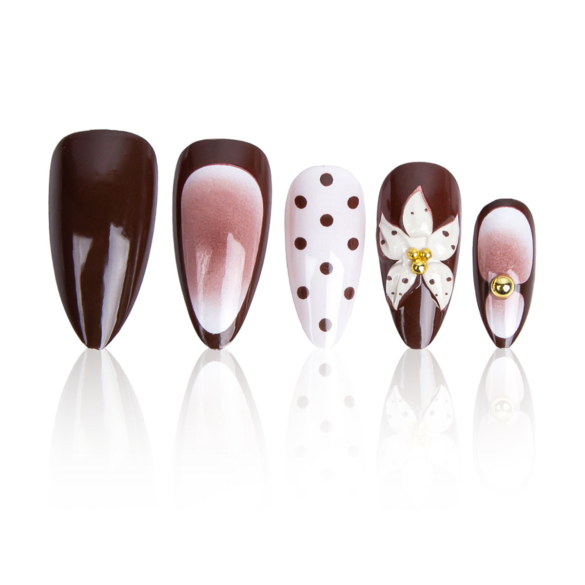 Chic Chocolate Dream Long Almond Shape Deep Brown with Floral and Polka Dot Accents Nail Set