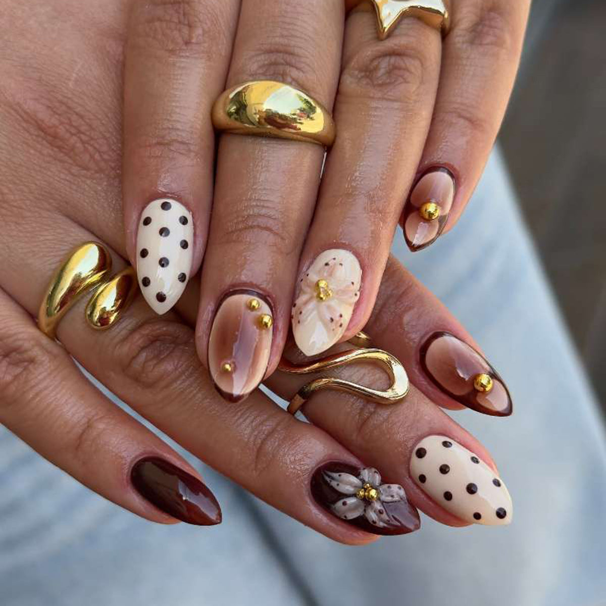 Chic Floral Elegance Long Almond Shape Brown and Cream with Gold Accents Press On Nail Set