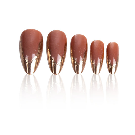 Glamorous Evening Long Almond Shaped Warm Brown with Dazzling Gold Tips Press On Nail Set