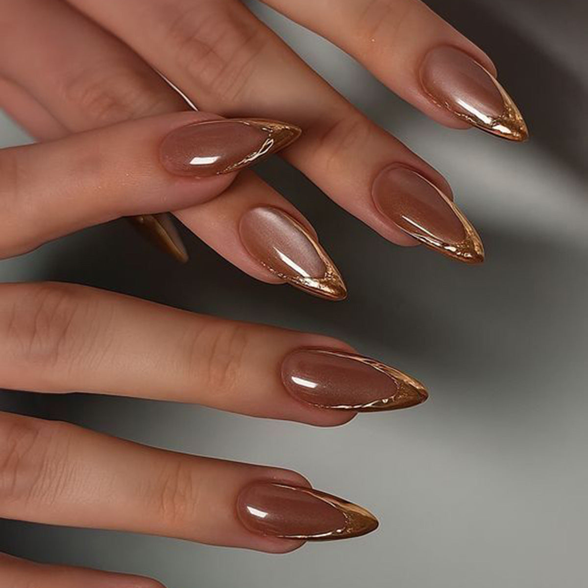 Gilded Elegance Long Almond Brown Press On Nail Set with Shimmering Gold Tip