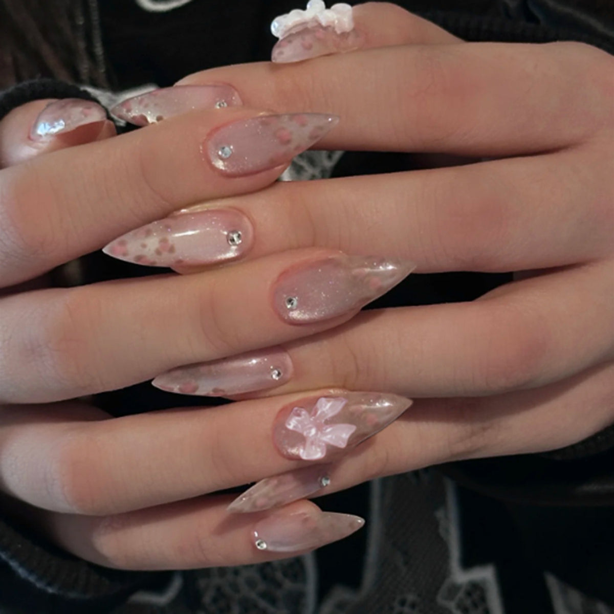 Whimsical Blossom Medium Almond Pink Nails with Floral Accents