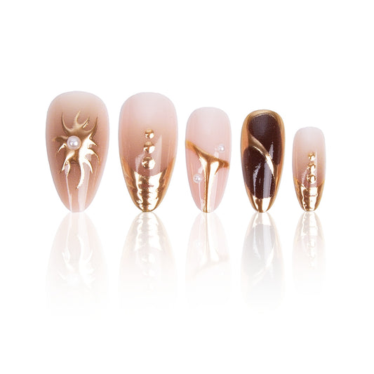 Glamorous Sunset Long Almond Shaped Beige and Gold Press On Nail Set with Elegant Pearl Accents