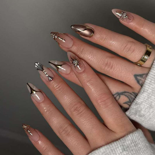 Glamorous Elegance Long Almond Transparent with Gold Accents and Unique Decorative Elements Press On Nail Set