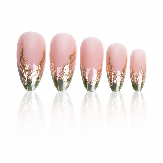 Elegant Garden Fantasy Press On Nail Set Long Almond Pink with Gold Foil Accent