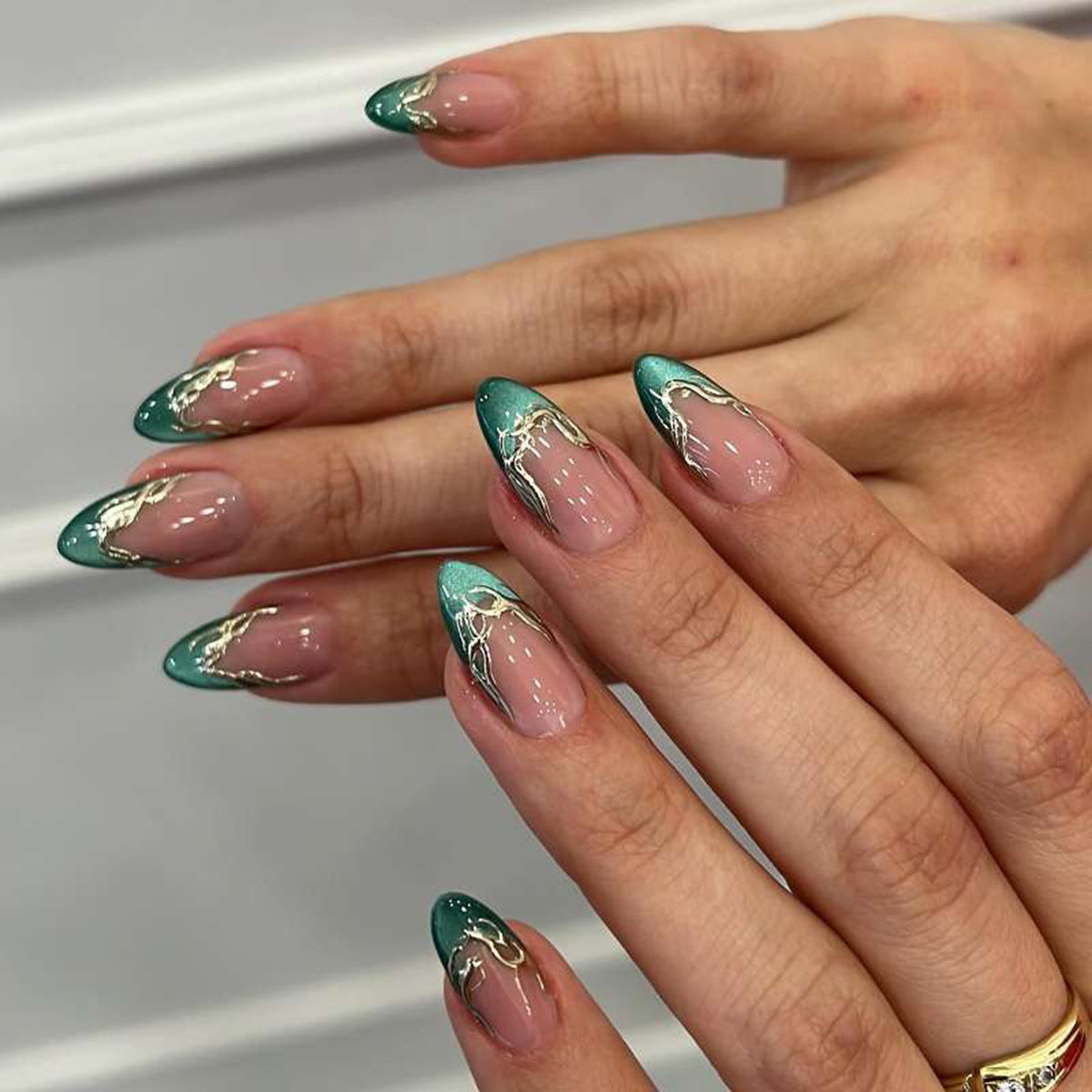 Ocean Wave Dreamy Long Almond Shaped Turquoise and Beige Press On Nail Set with Elegant Gold Accents