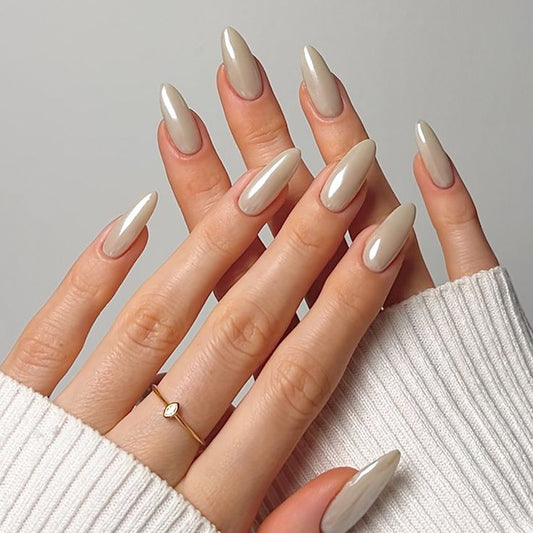 Elegant Charm Long Almond Shaped Soft Beige Press On Nail Set with Glossy Finish