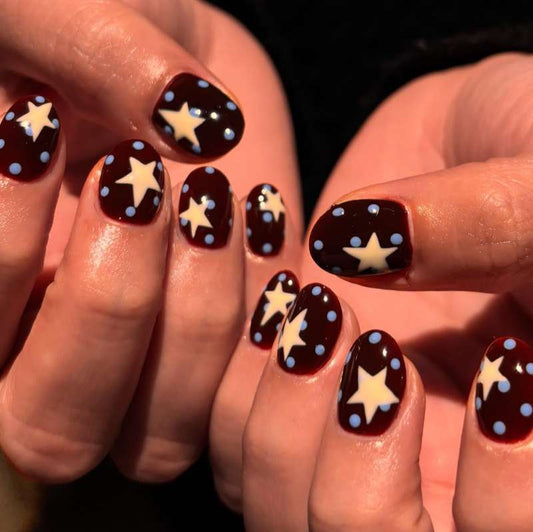 Celestial Charm Glossy Short Round Burgundy Press on Nail Set with Starry Dot Design