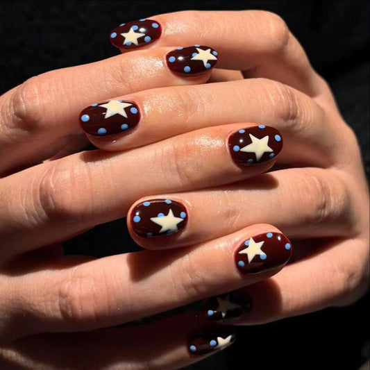 Celestial Charm Glossy Short Round Dark Brown Stars and Polka Dots Press-On Nail Set