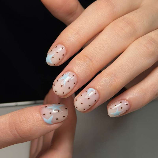 Celestial Dream Short Oval Blue and Brown Polka Dot Nail Set with Glossy Finish