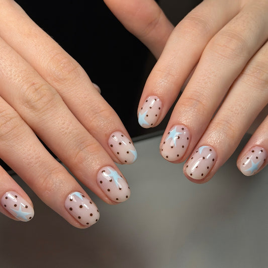 Whimsical Dream Press On Nail Set Short Oval Pastel Blue Polka Dots with Star Accents