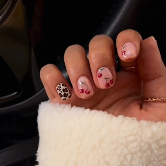 Charming Floral Fantasy Short Square Pink Press On Nail Set with Cute Cherry and Bold Leopard Design