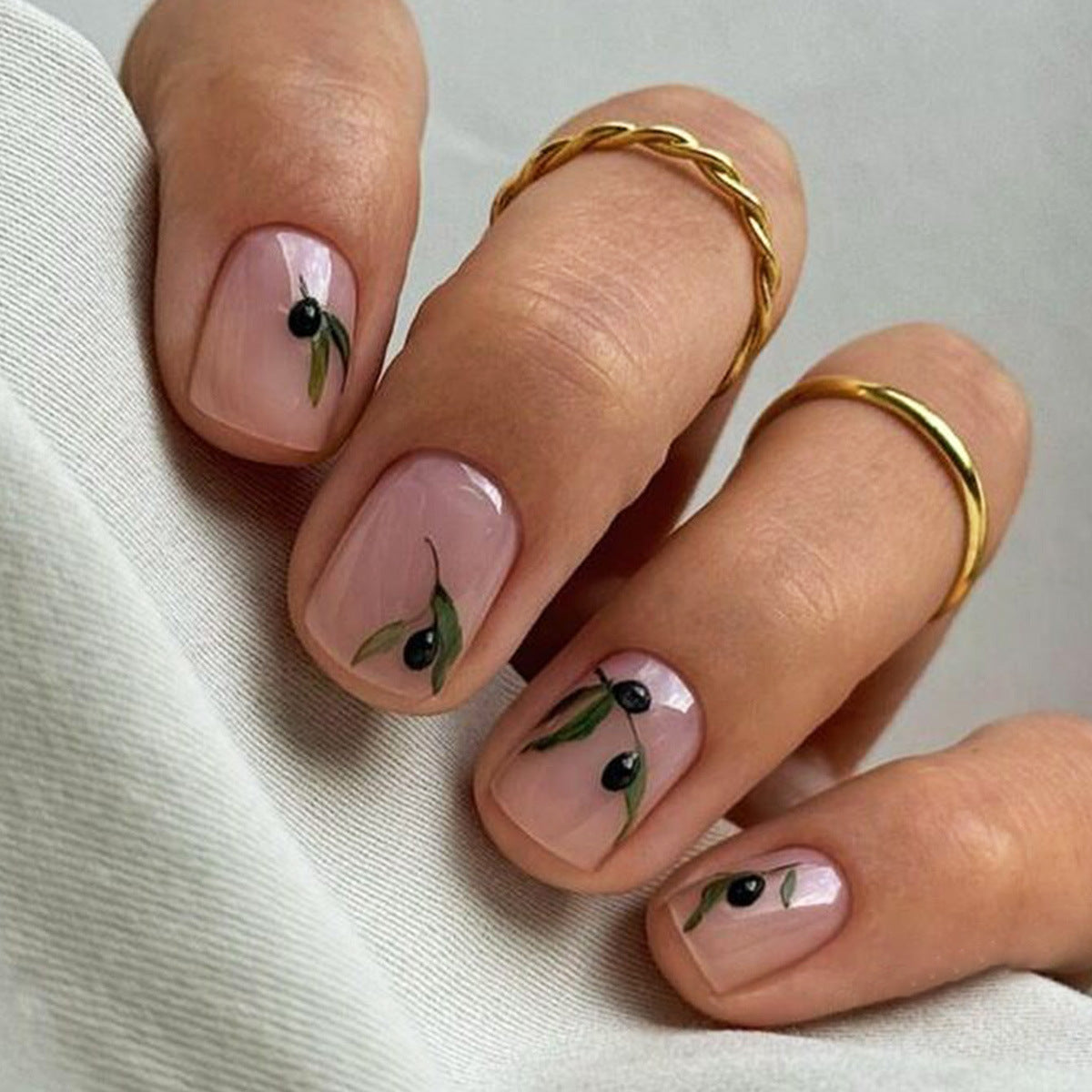 Olive Garden Elegance Short Square Blush Pink with Botanical Accent Press On Nail Set