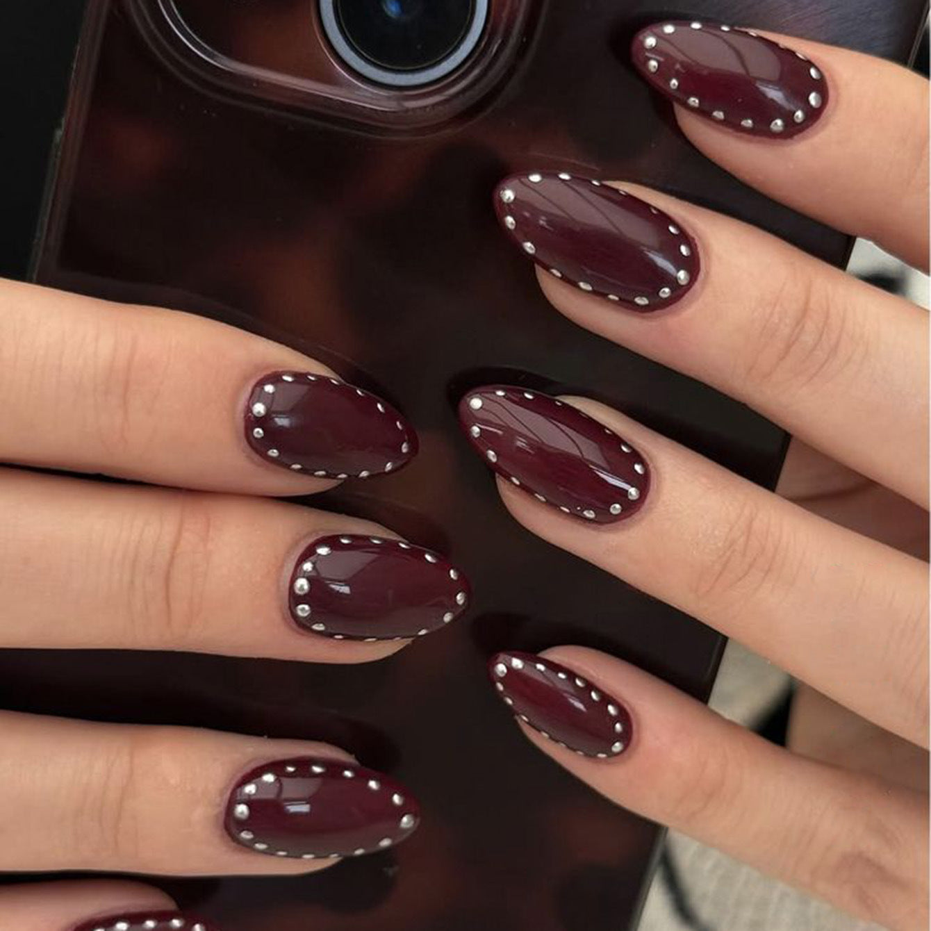Elegant Evening Glamour Long Almond Burgundy Press On Nail Set with Dazzling Silver Stud Accents