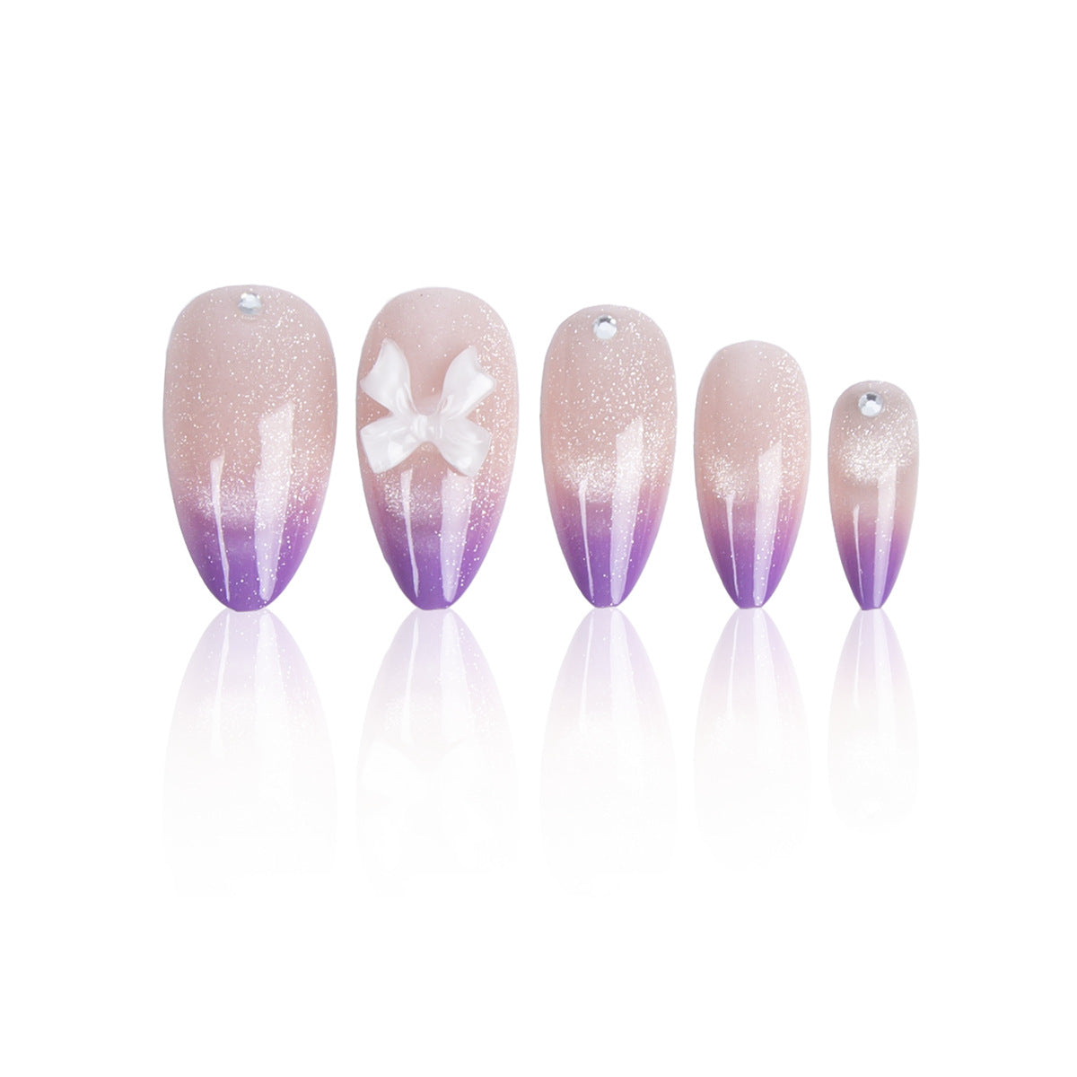 Whimsical Dream Glittery Long Almond Pink and Purple Gradient with Decorative Bow Press on Nail Set