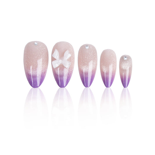 Whimsical Dream Glittery Long Almond Pink and Purple Gradient with Decorative Bow Press on Nail Set