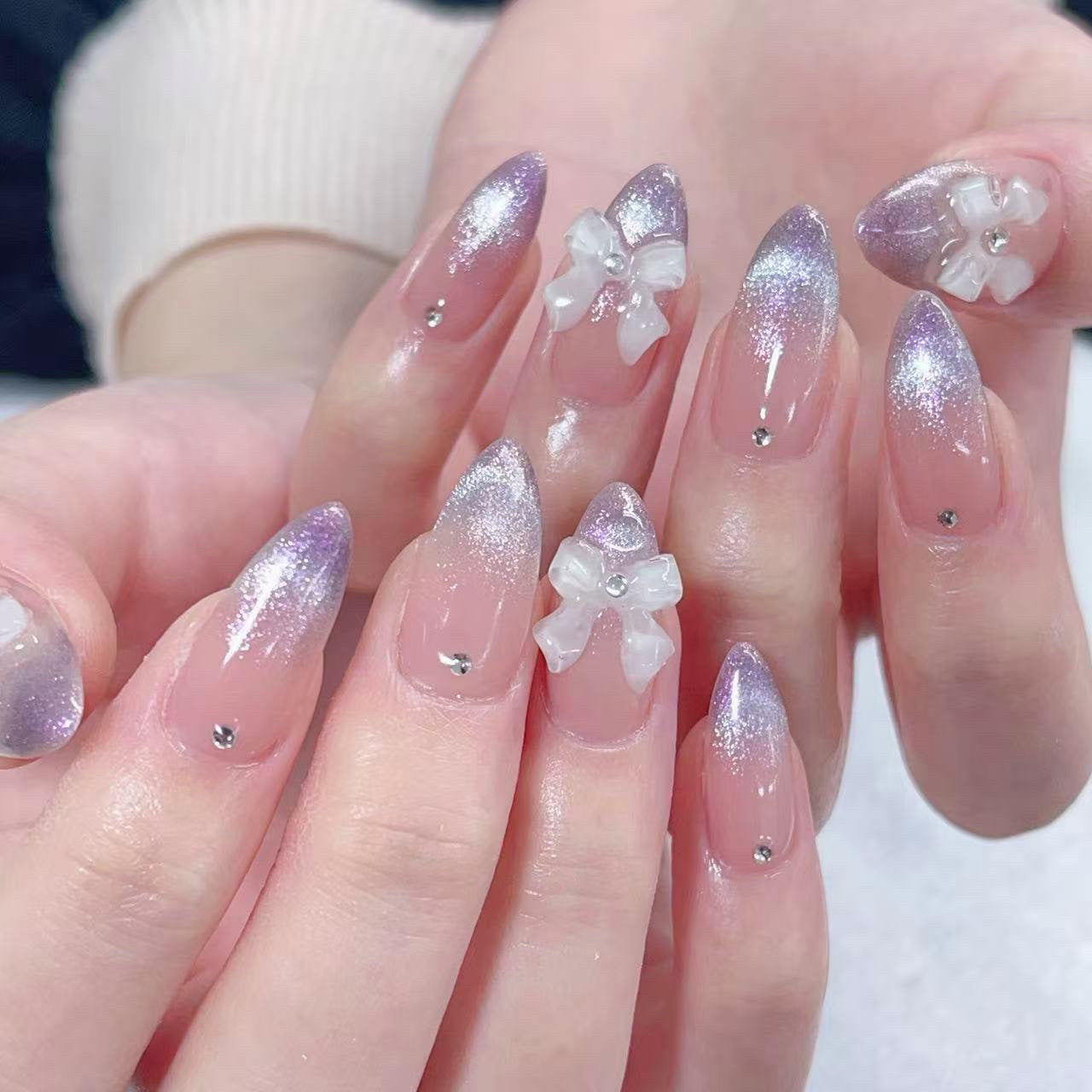 Whimsical Dreamy Purple Glitter Long Almond Shaped Press on Nail Set with Charming Bow Accents